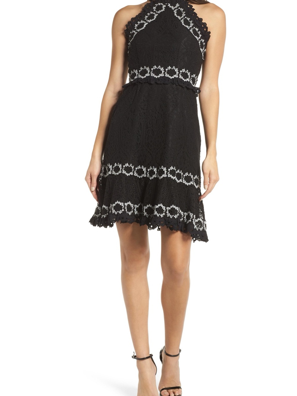 Foxiedox Black Crochet Halter Mini Dress with White Trim size M